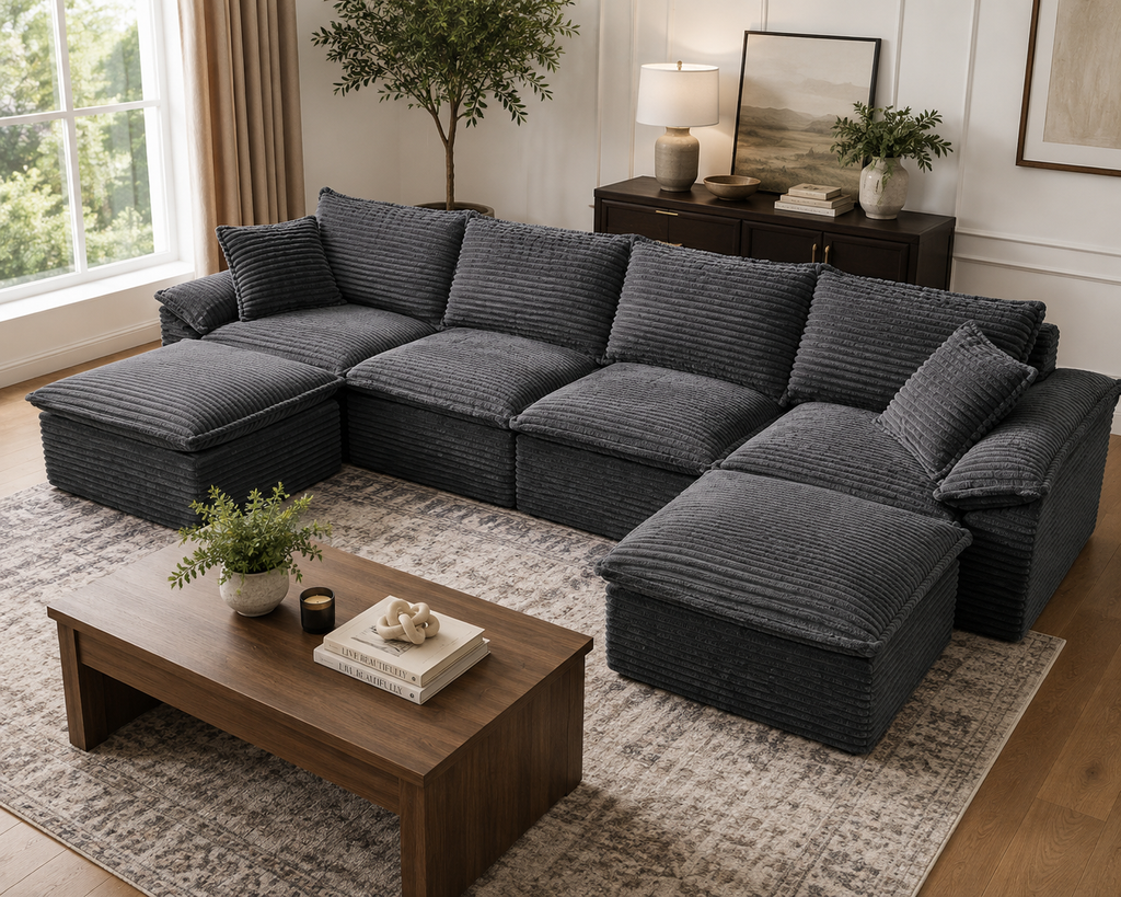 6-Piece Modular Corduroy Cloud Sectional Sofa with Ottoman