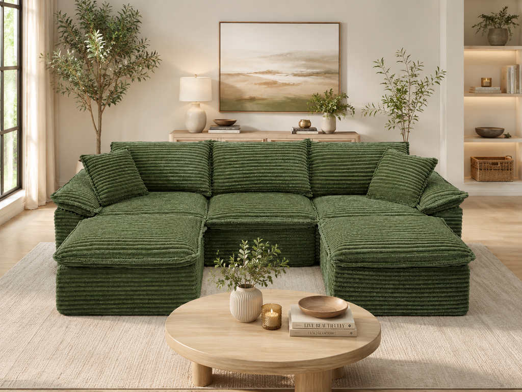Corduroy Cloud Sectional Sofa with Movable Ottoman